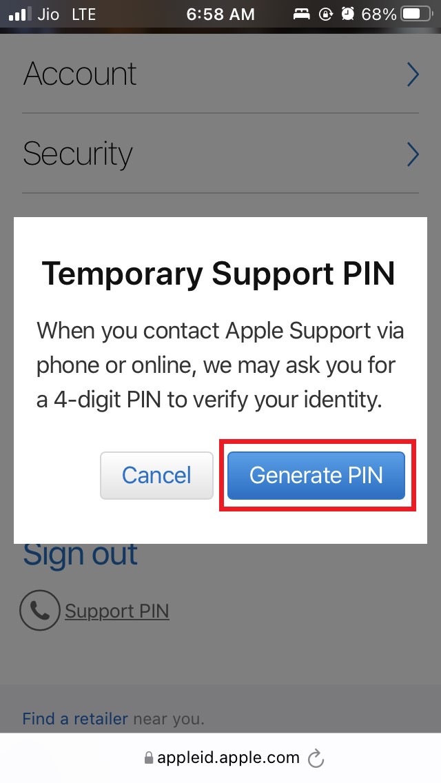 How to Generate Apple Support PIN on iPhone? 6 tap on generate PIN