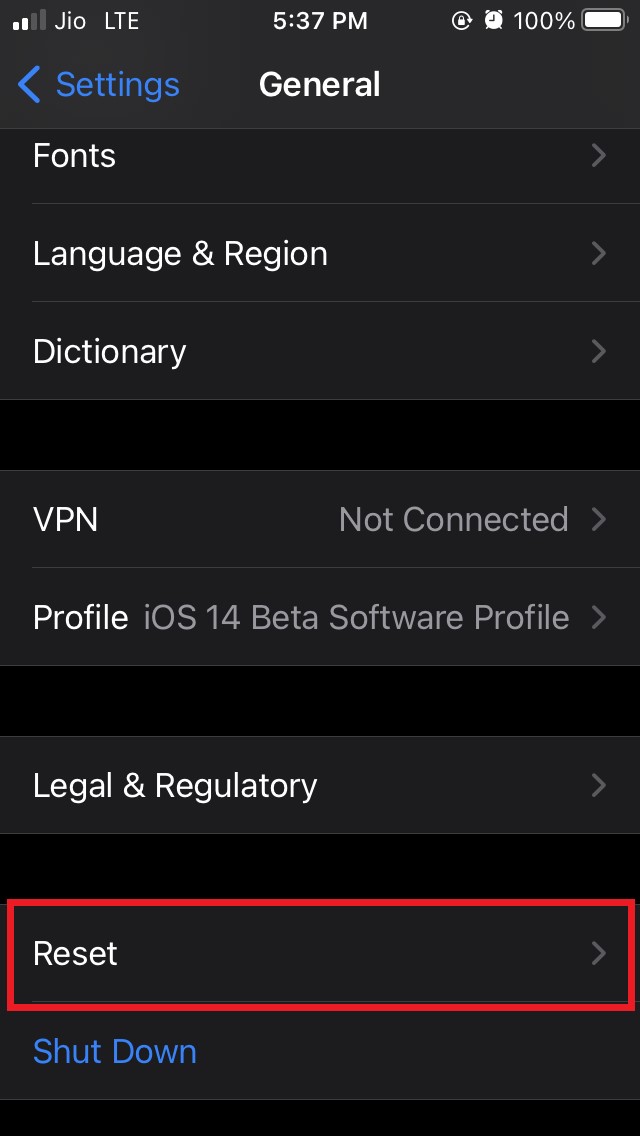tap on reset iPhone