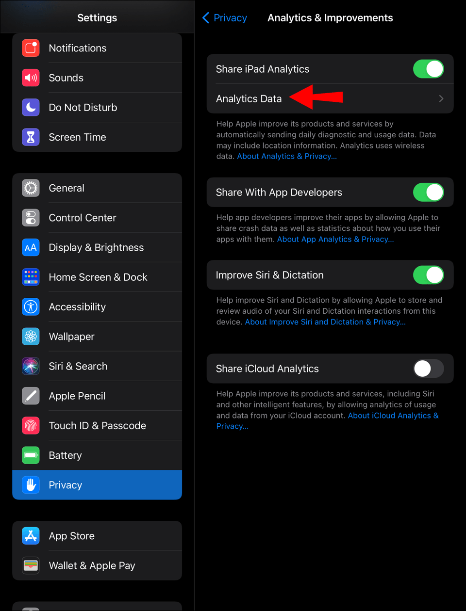 How to Check iPad Battery Health 3 Now, on the Privacy tab scroll down and tap on the 'Analytics & Improvements' tab.