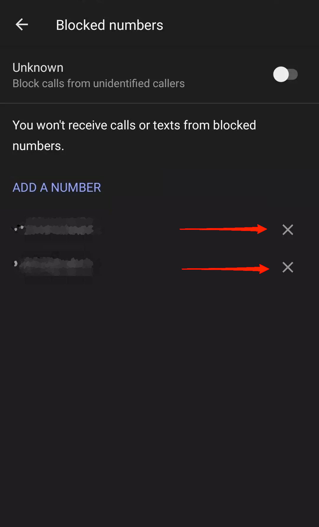 tap on the cross icon to unblock the number