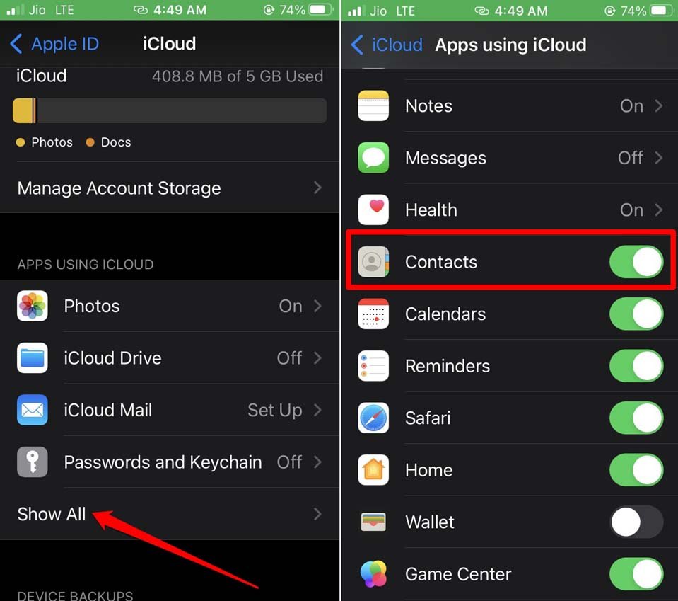 toggle disable and enable contacts