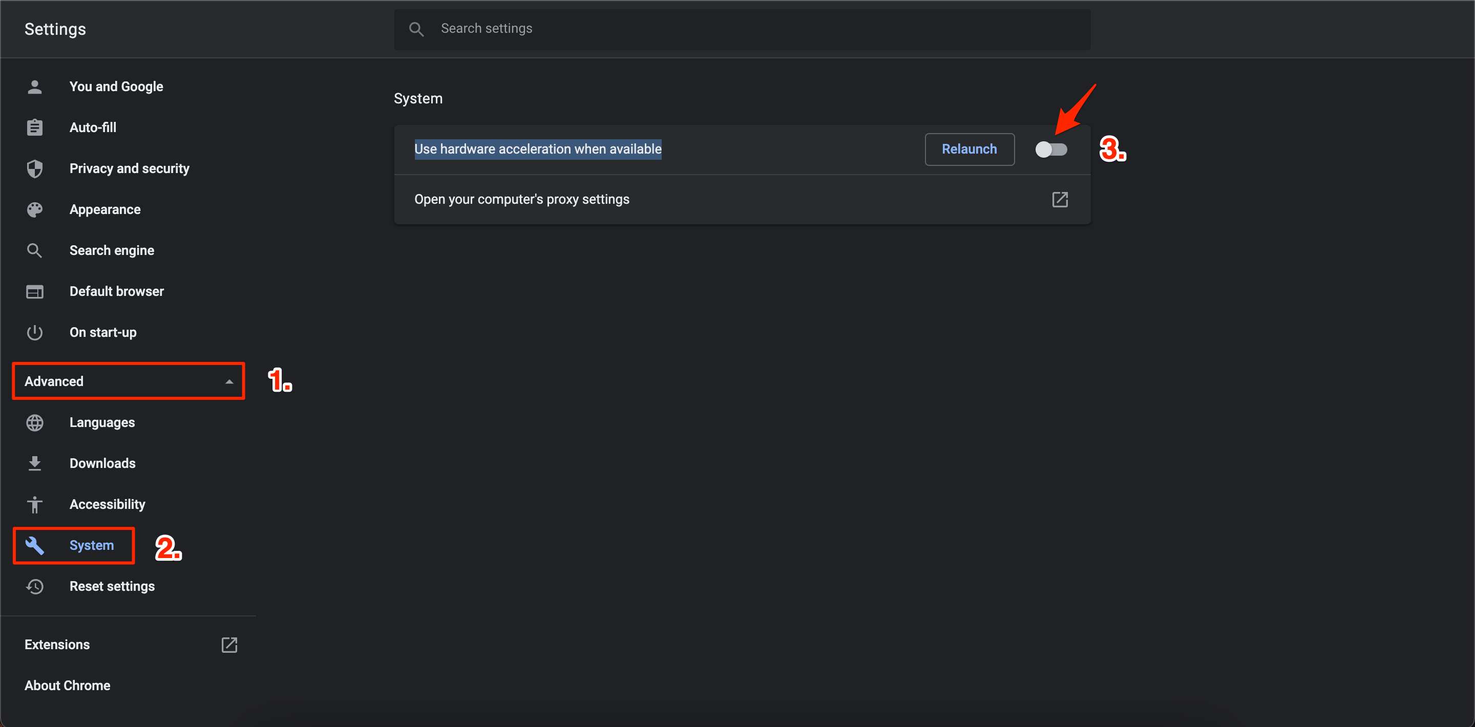 toggle off the “Use hardware acceleration when available”