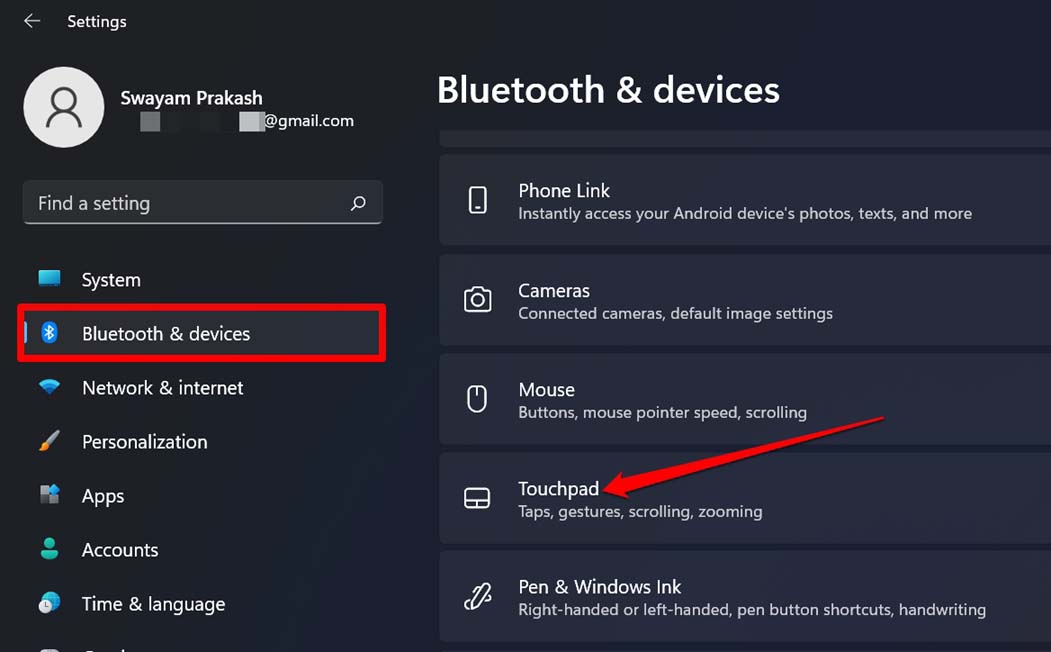 touchpad settings Windows