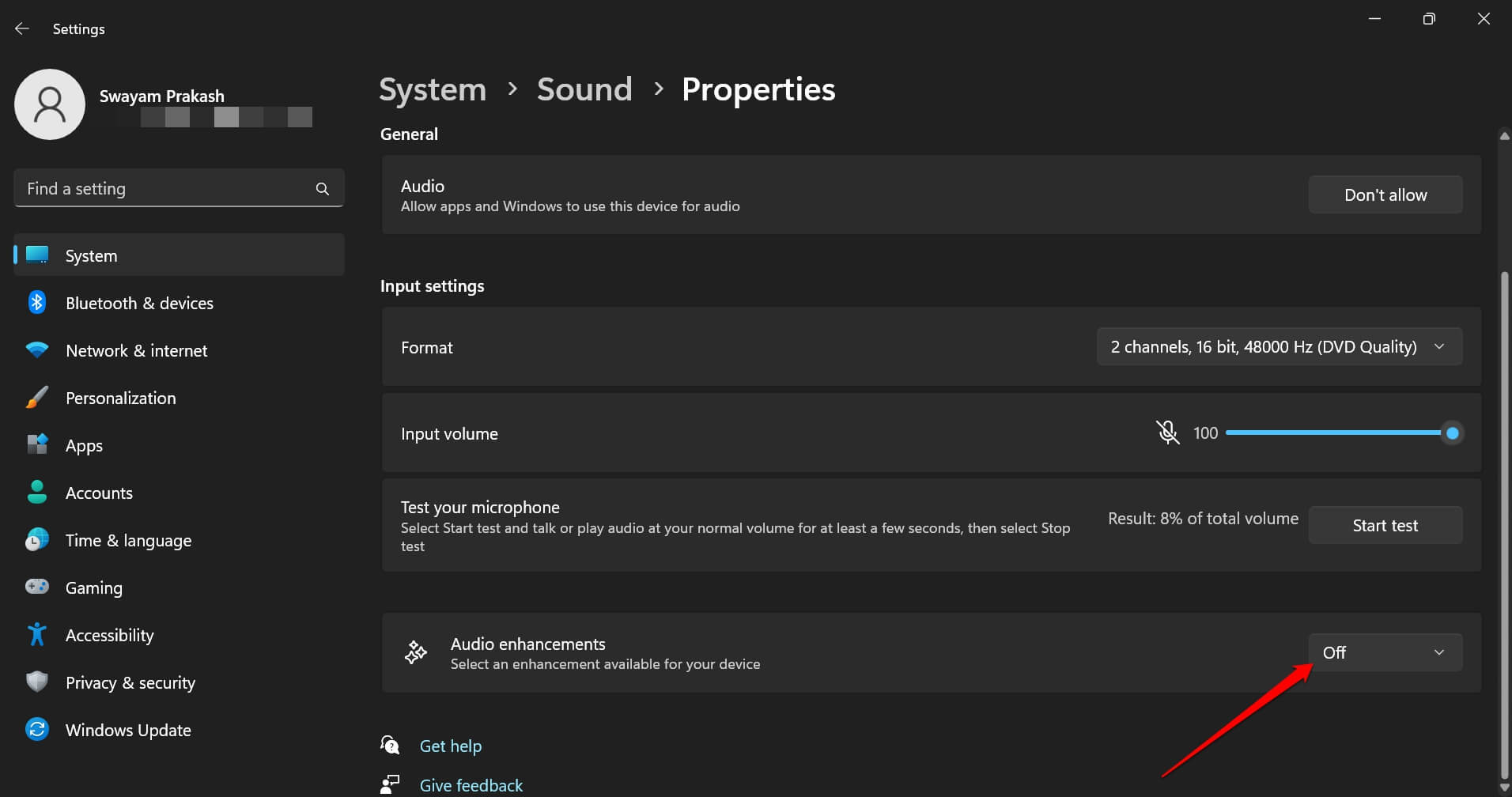 turn off audio enhancements for sound input