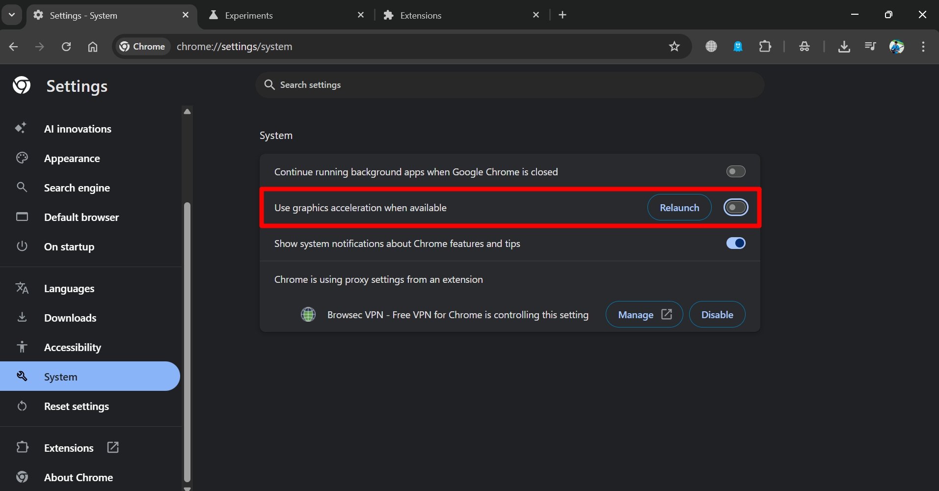 turn off graphics acceleration system on Chrome browser