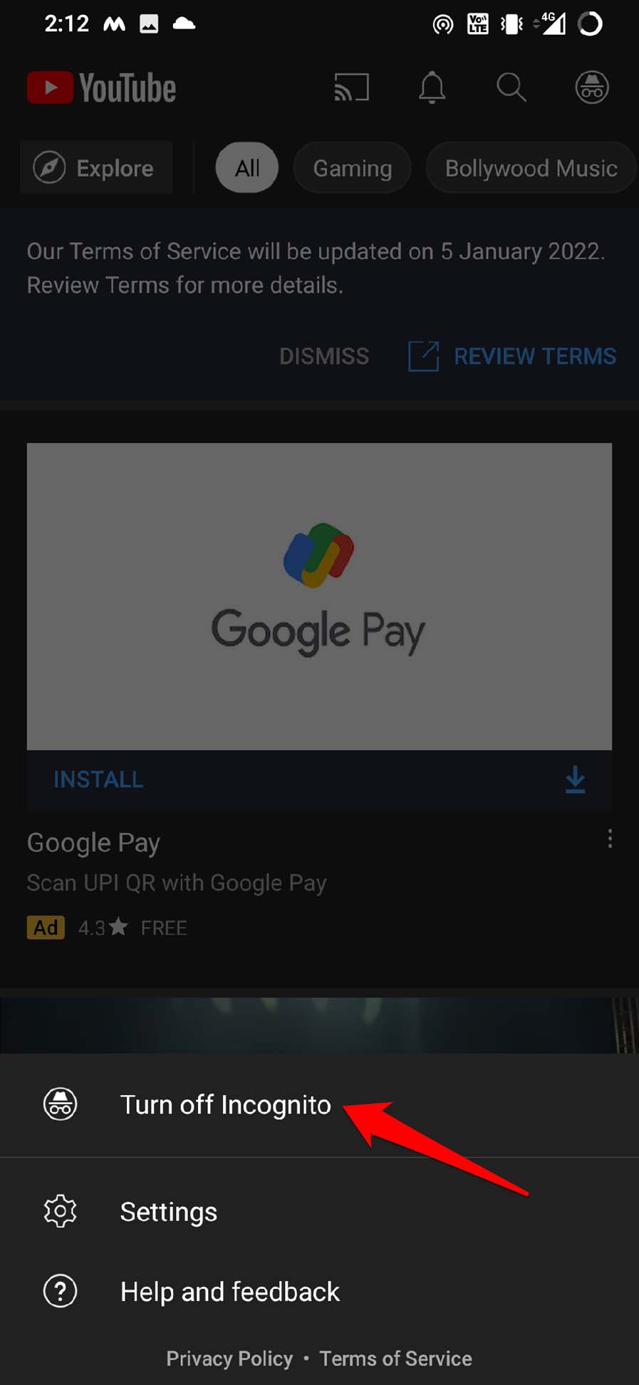turn off incognito mode for YouTube