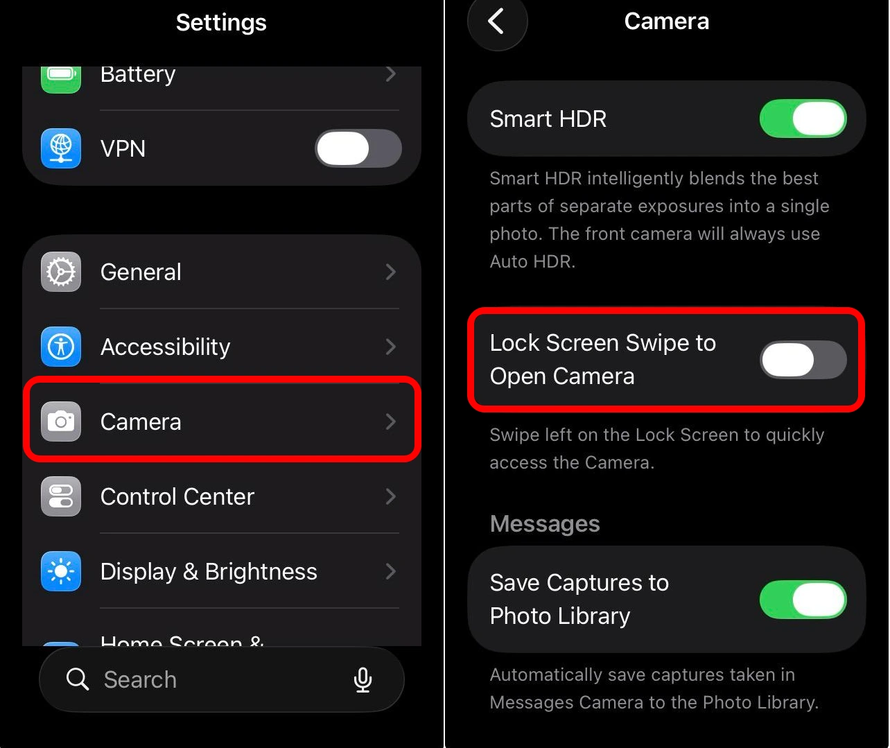 I removed the camera from iPhone lock screen in iOS 26 to prevent strange pocket photos 2 turn off lock screen swipe to open camera