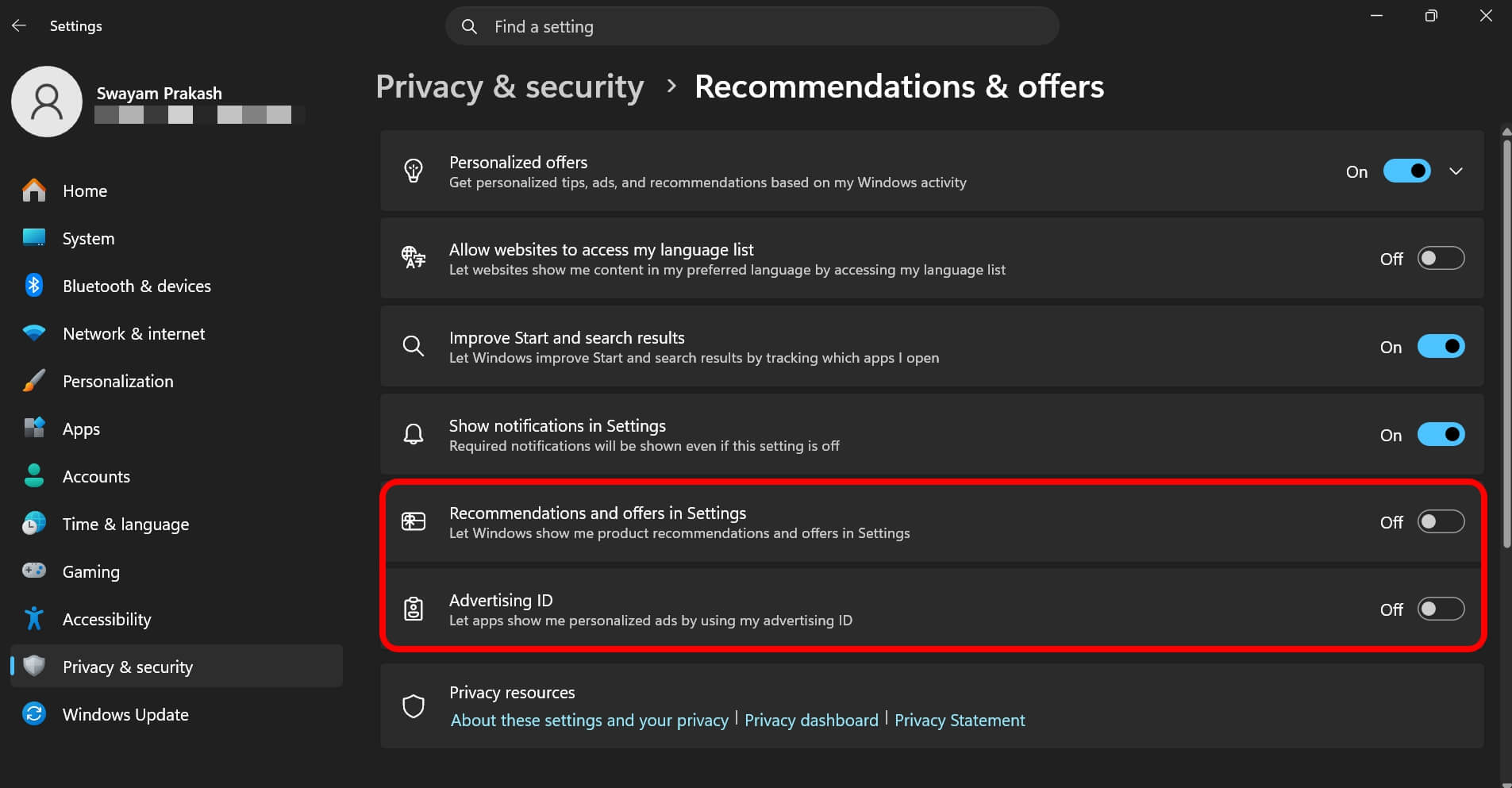Every Windows 11 setting I turned off after a fresh install in 2026 2 turn-off-recommendations and offers in Windows 11 settings