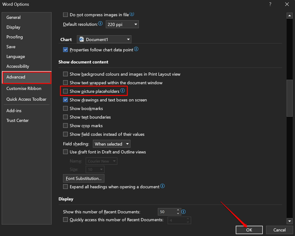 How to Fix ‘This Image Cannot Currently Be Displayed’ Error in Microsoft Word? 4 turn off show picture placeholders