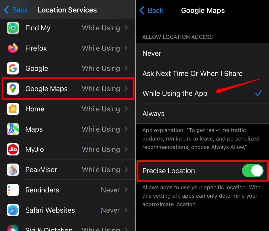 How to Fix Dark Mode Not Working in Google Maps 8 turn on precise location for Google maps on iPhone
