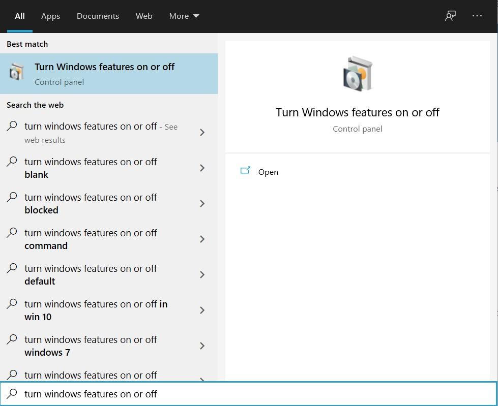 turn windows features on or off