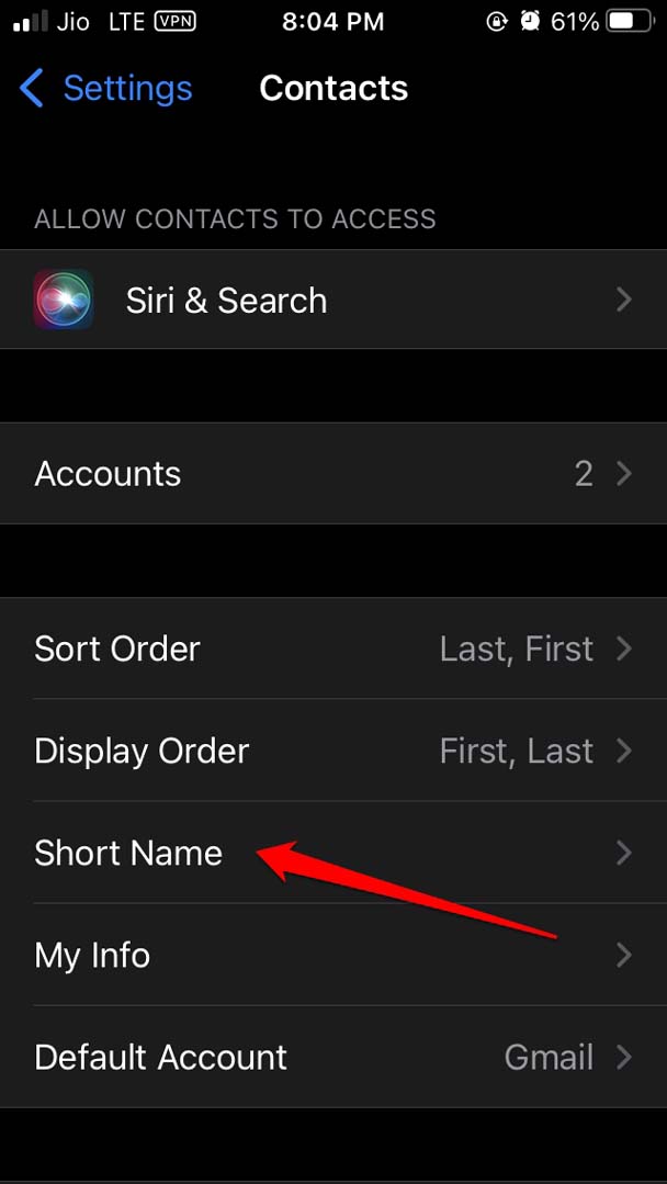 tweak the Contacts Short name