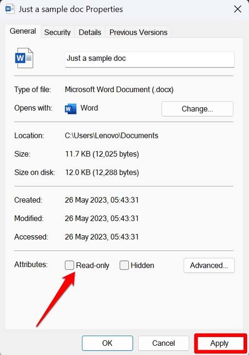 uncheck read only attribute for Word file