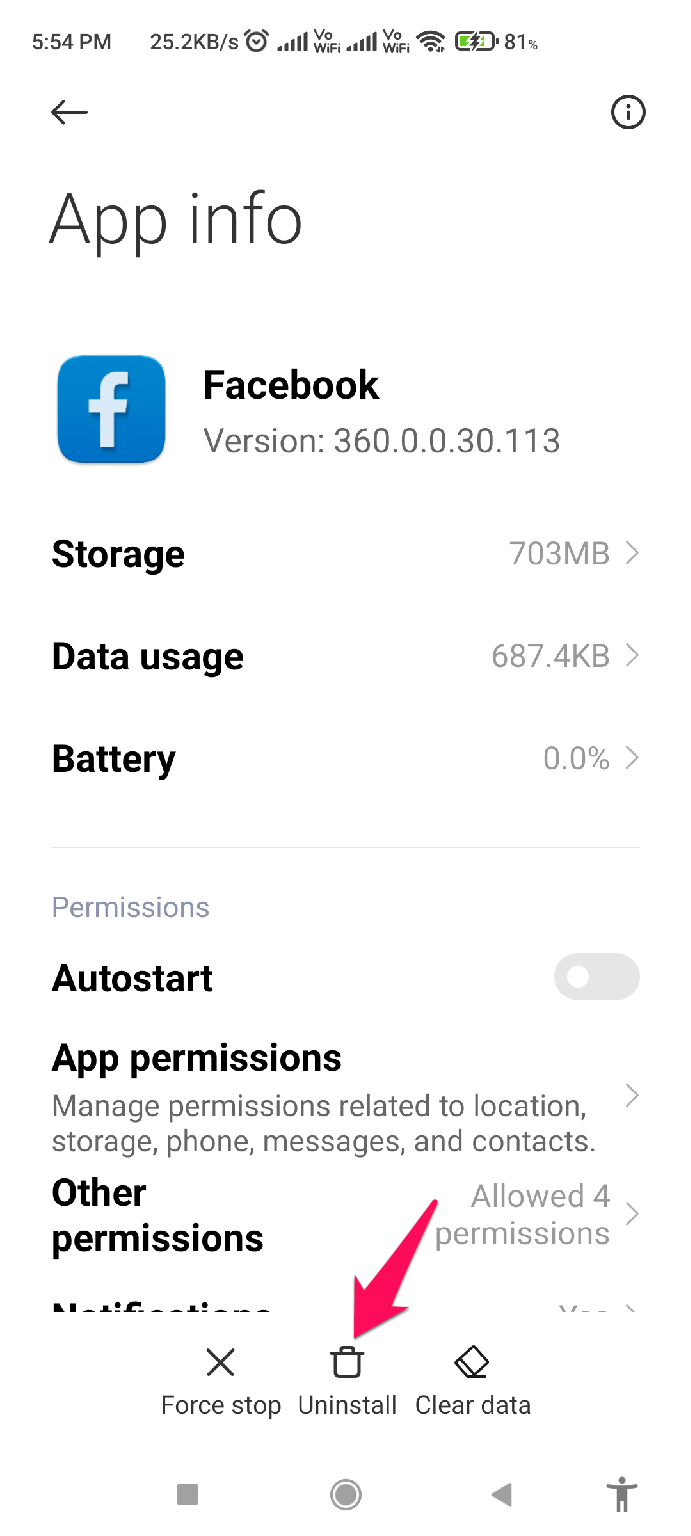 Uninstall Facebook to fix Notification Not showing issue