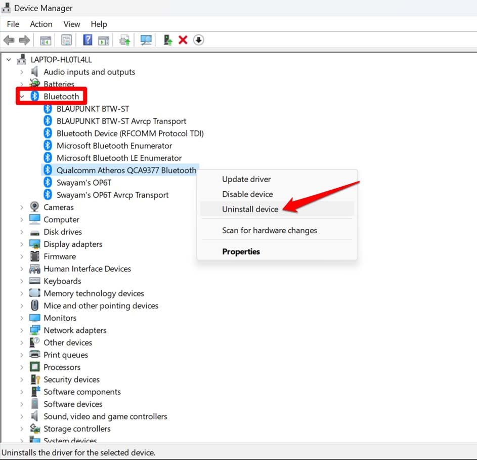 uninstall Bluetooth driver