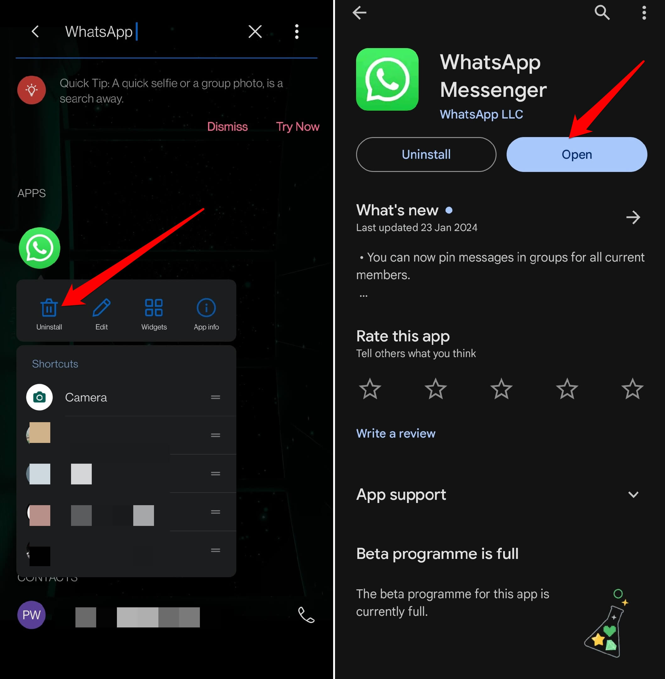 uninstall and reinstall whatsapp
