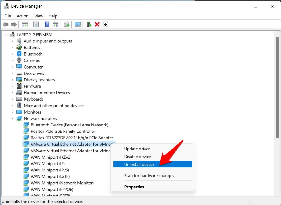 uninstall ethernet drivers windows 11