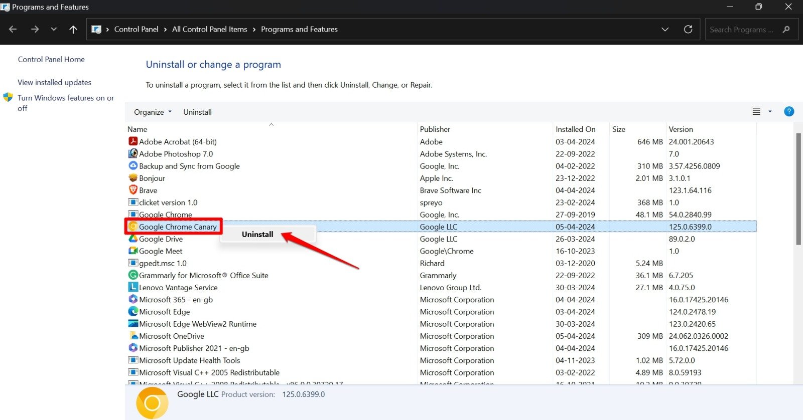 uninstall google chrome canary Windows