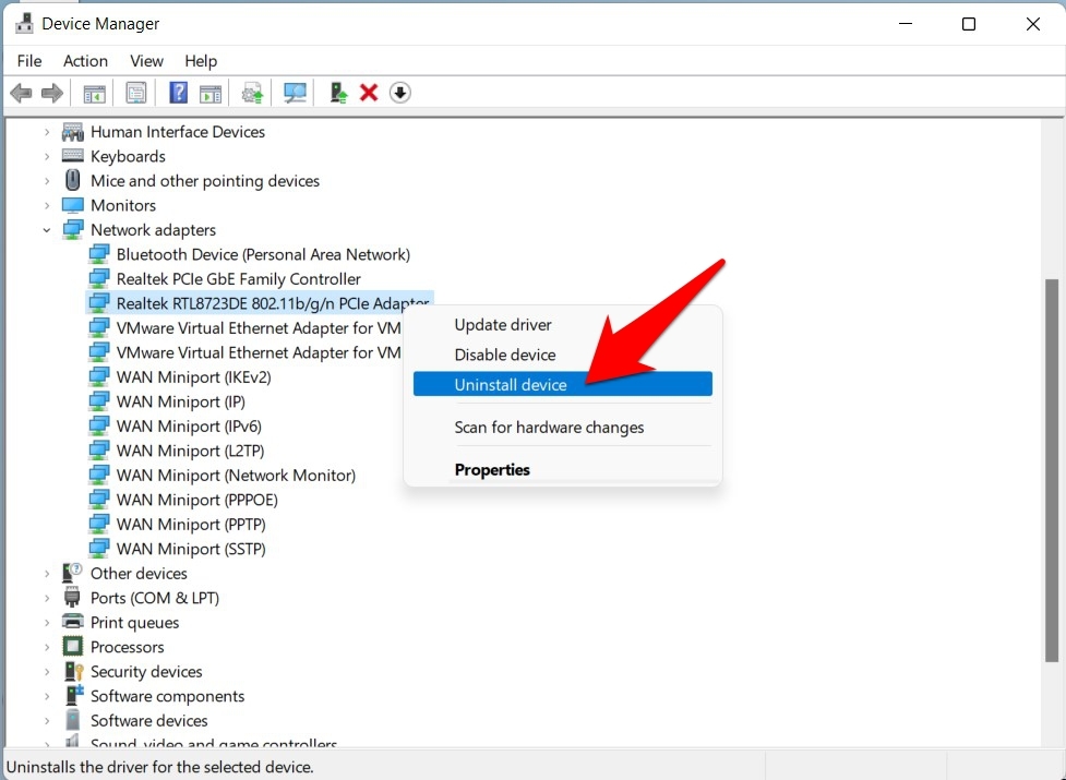 uninstall network adapters windows 11