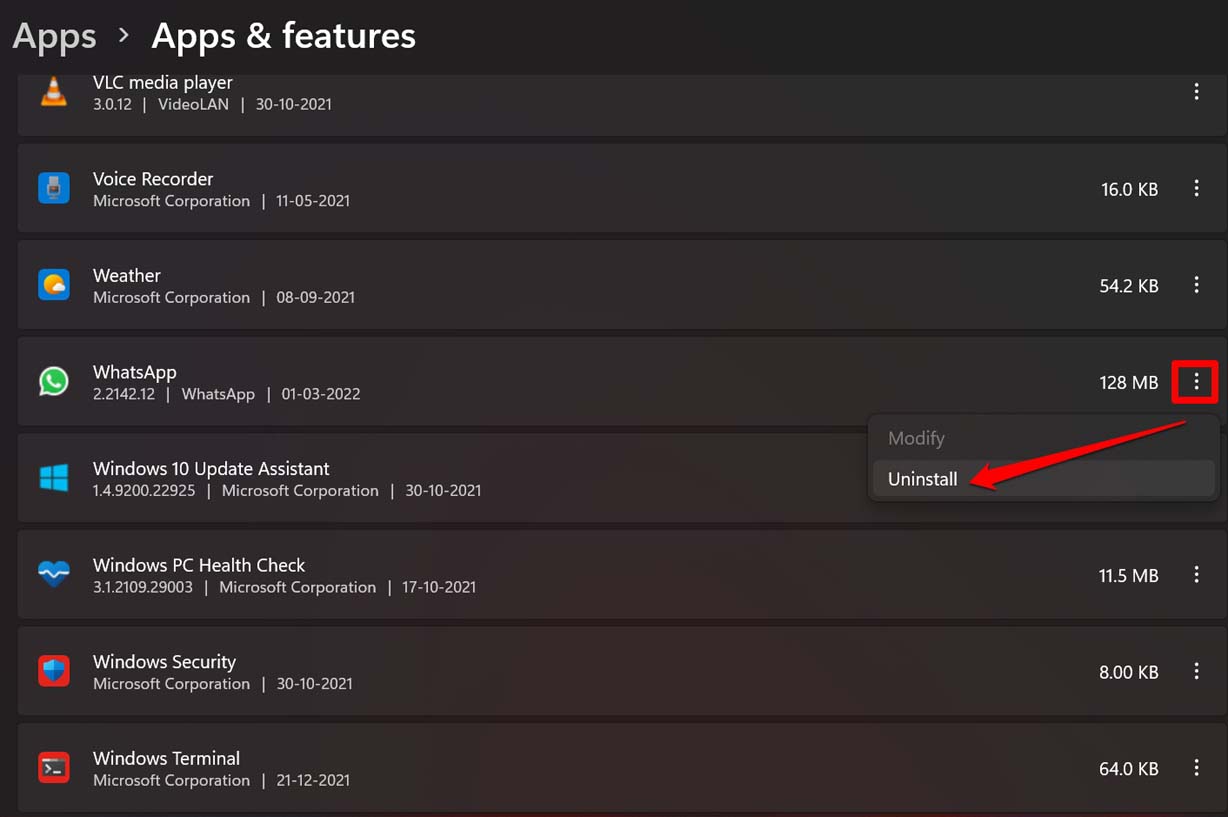 How to Fix WhatsApp Desktop is Not Downloading Images 20 uninstall whatsapp from windows settings
