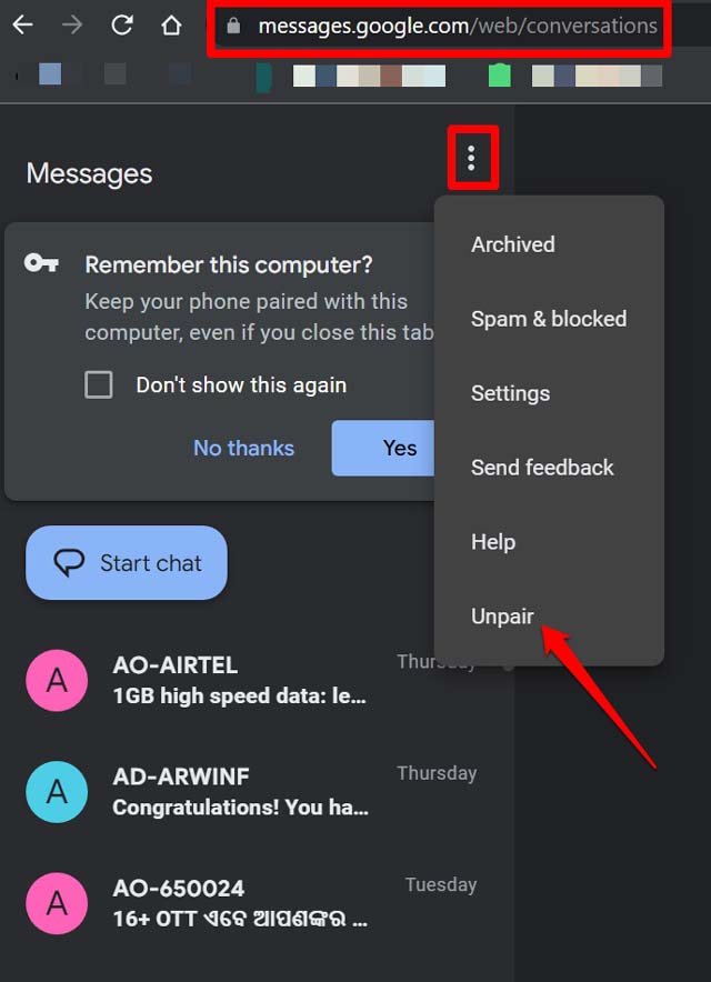 How to Fix Google Messages for Web Not Working? 5 unpair Google Messages for web