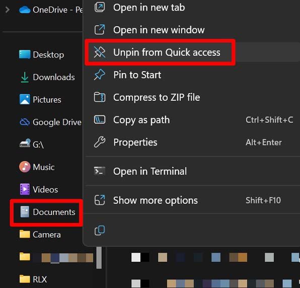 unpin item from quick access