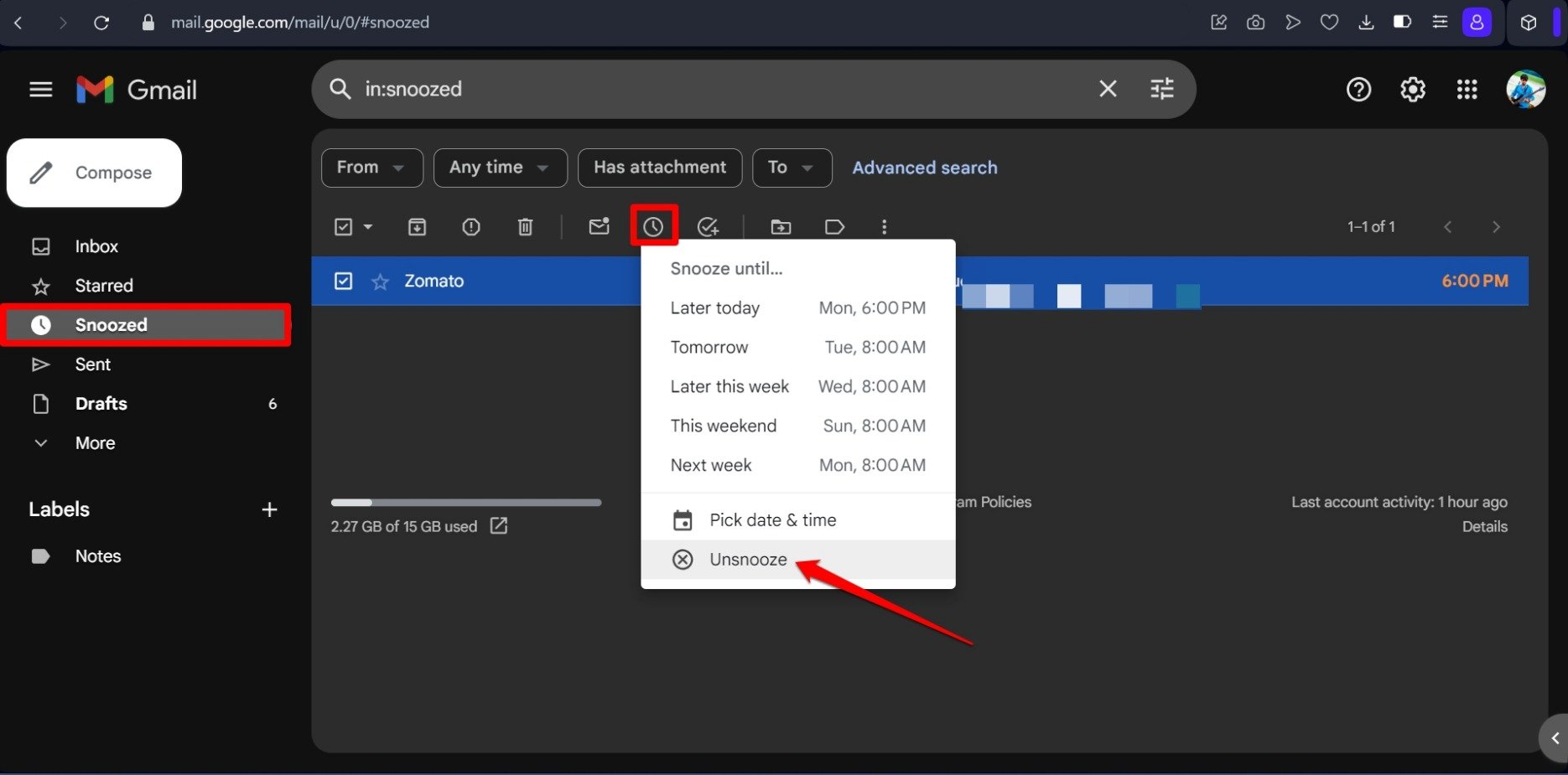 unsnooze an email in Gmail web