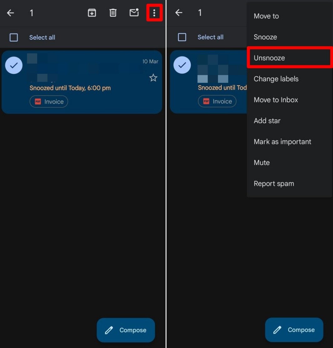 unsnoozing emails in Gmail app
