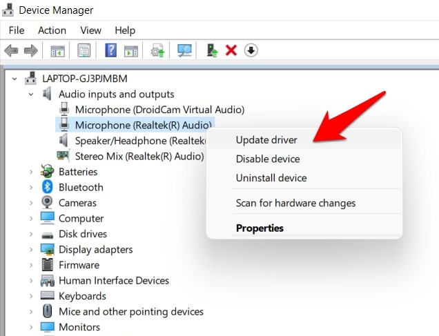 update microphone drivers from device manager in windows 11