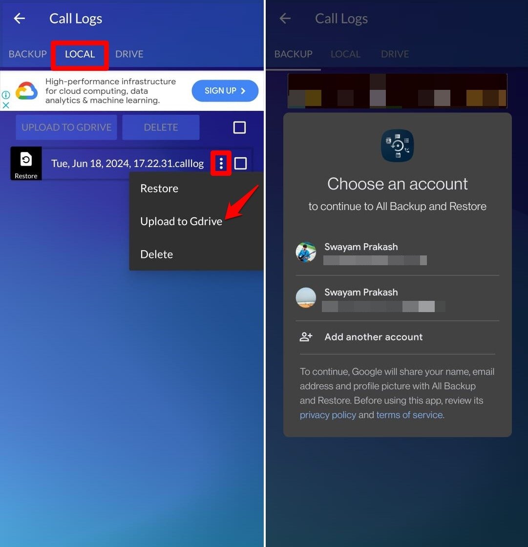 How to Recover Deleted Call History on Android 4 upload the backup of call history to Gdrive on Android
