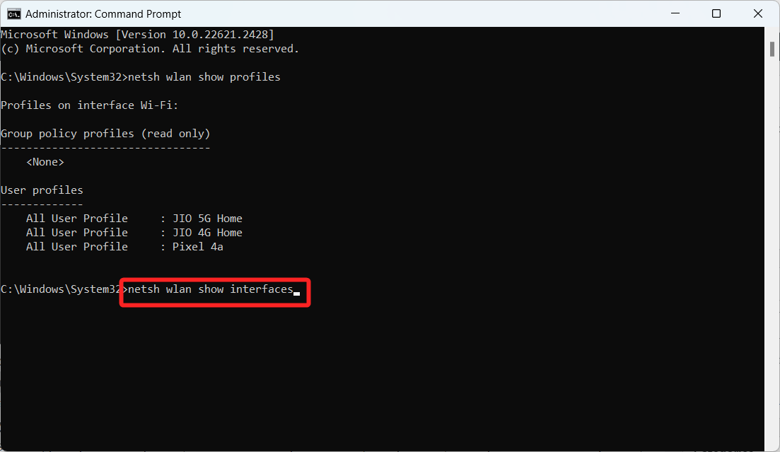 use netsh wlan show interfaces