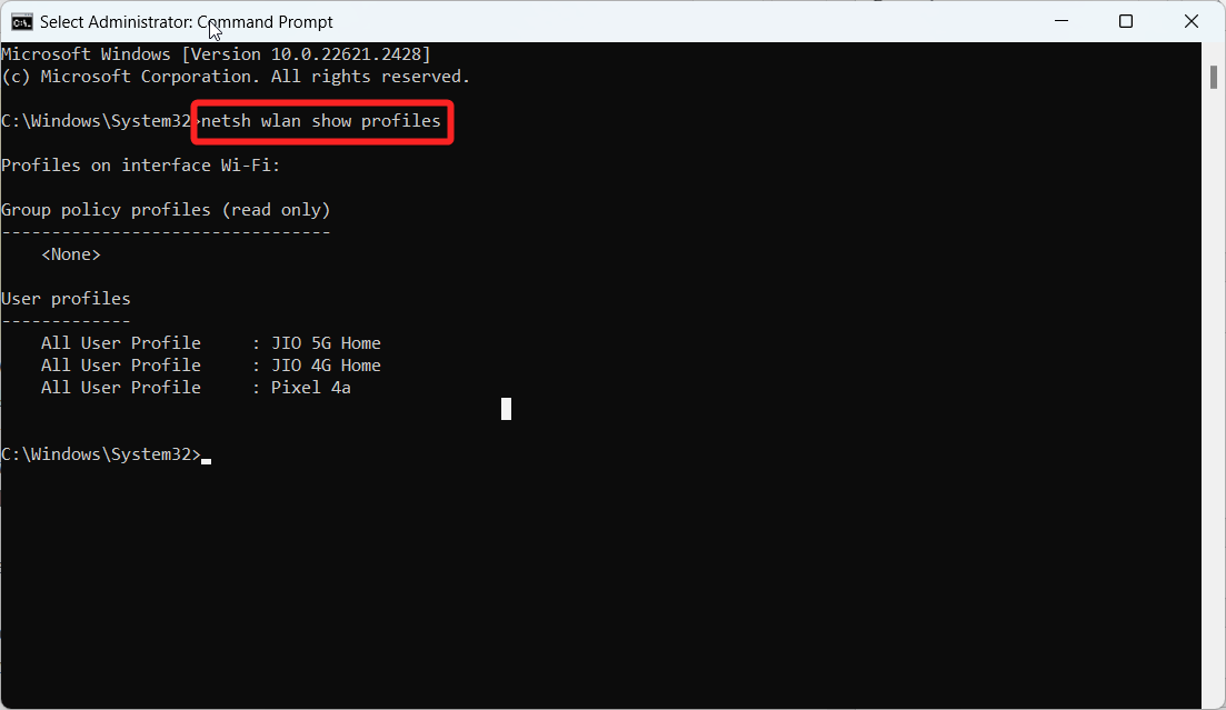 use netsh wlan show profiles