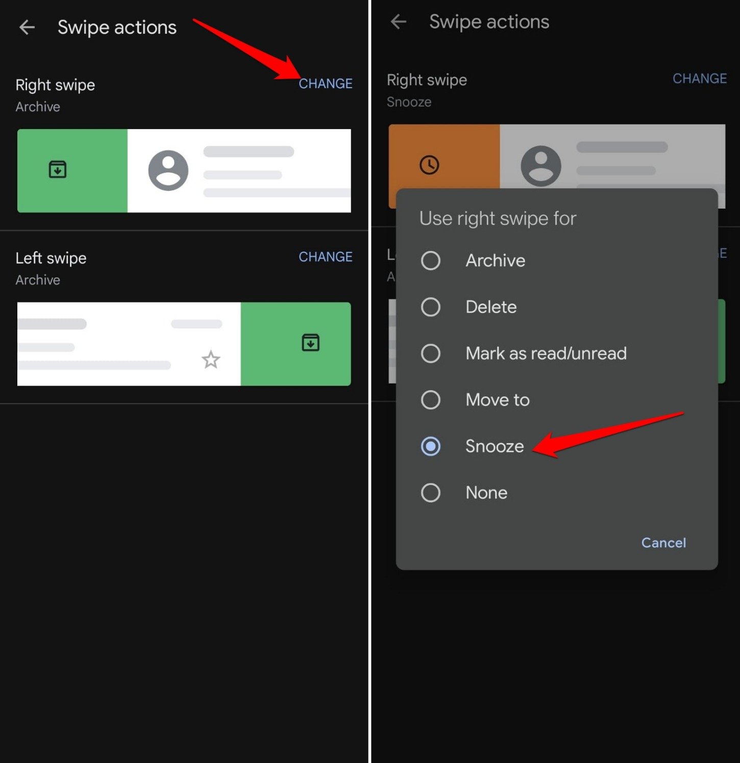 use swipe to snooze emails in Gmail