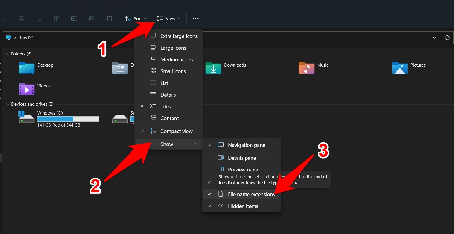 How to Check File Extensions in Windows 11? 2 view file extensions via Layout & View menu windows 11