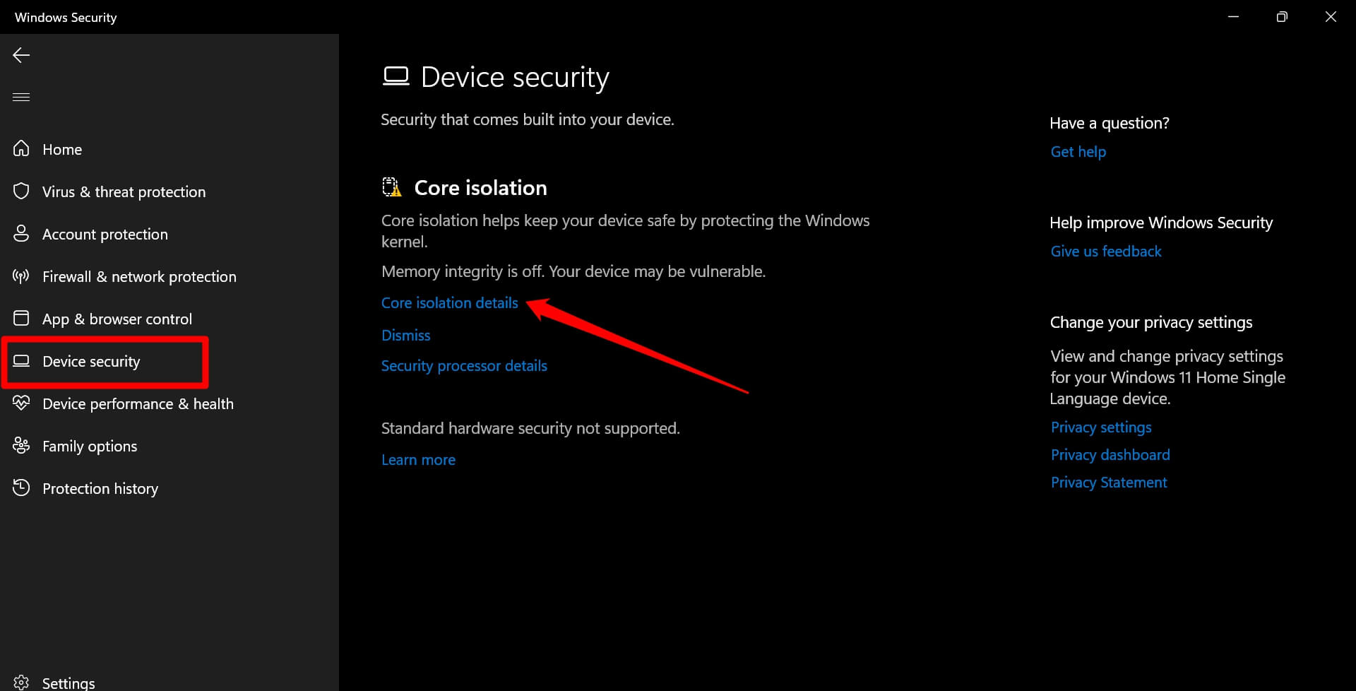 windows 11 core isolation details