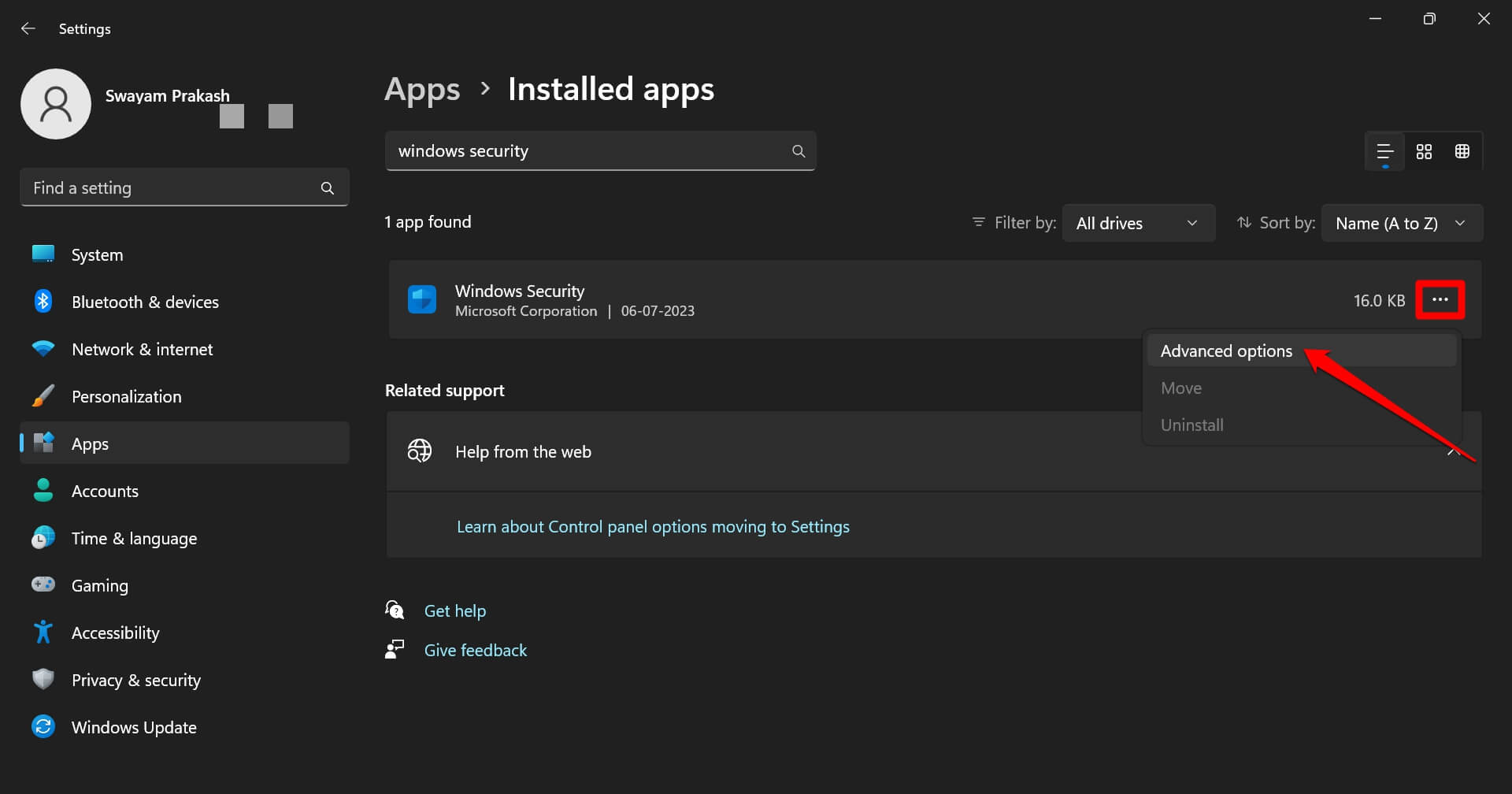 windows security advanced options